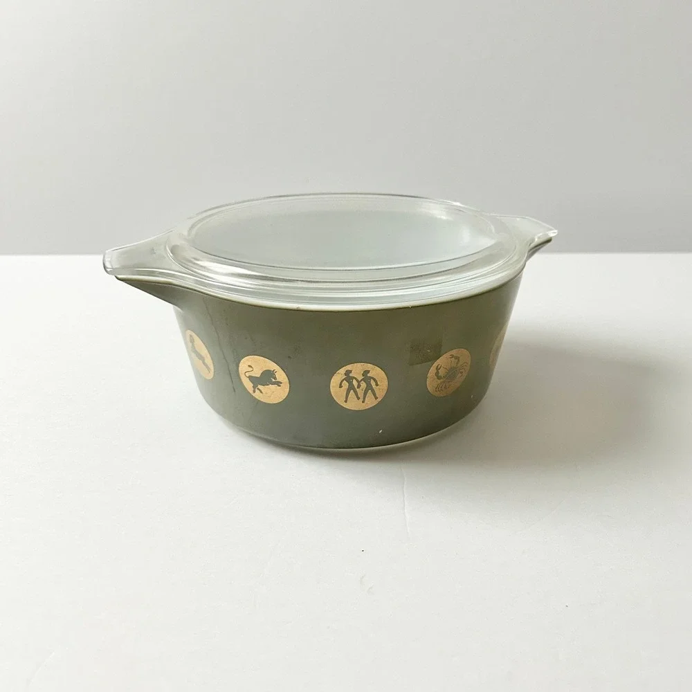 Vintage Pyrex Zodiac Casserole Dish 473 Olive Green Gold 1960s MCM with Lid